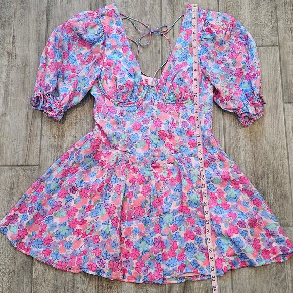 For Love & Lemons Angie Mini Dress Womens L Blue Pink Floral Corset Puff Sleeve - Picture 4 of 16
